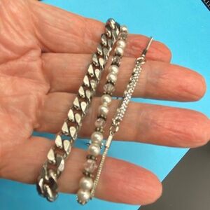 Silver Tone Bracelets Lot Of 3 Chain Slider Faux Beads